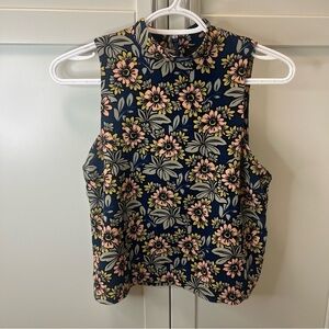 TOPSHOP Floral Sleeveless Mock Turtleneck Top - Blue Peach Yellow | Size 2 (XS)